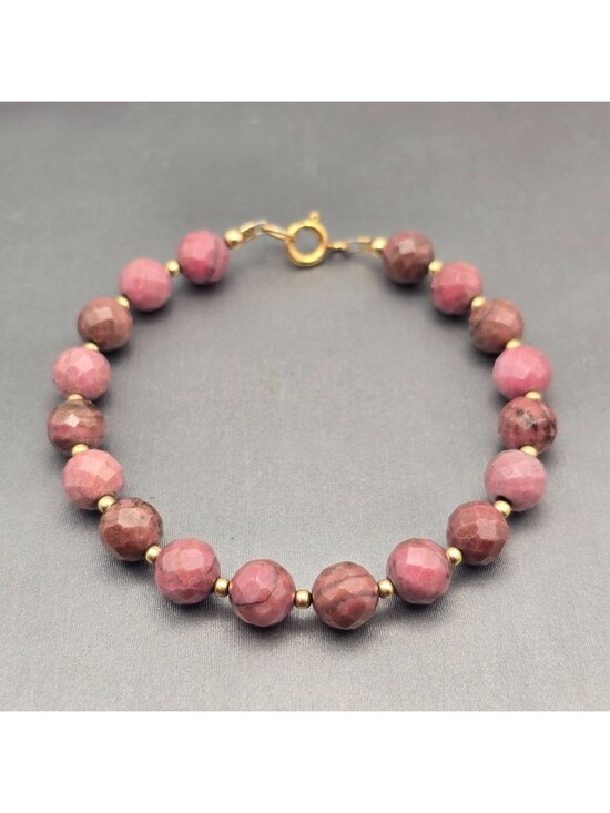 Unbranded Jewelry - Vintage Rhodonite Faceted Bead Bracelet 7.25" 14K Gold Filled Spacers Clasp